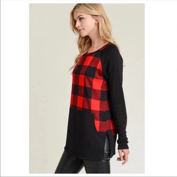 Buffalo Plaid Long Sleeve Top | Red Black Raglan Fall Winter Shirt - Picture 4 of 7